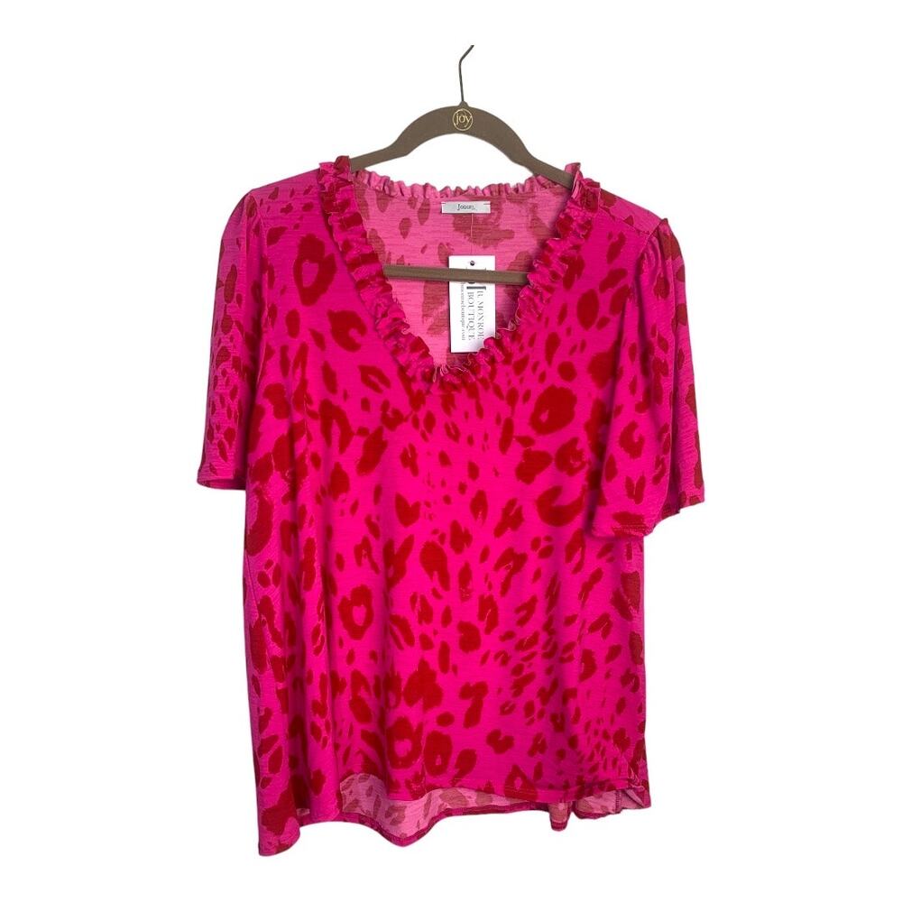 Jodiful Pink Red Animal Leopard Print Swing‎ Top with Ruffle. sz SM